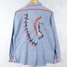 画像1: 70's MONTGOMERY WARD インディアンヘッド刺繍 シャンブレーシャツ (1)