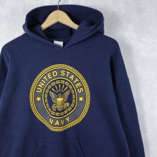画像1: 90's SOFFE USA製 "U.S.NAVY" リフレクタープリントスウェットフーディー NAVY L (1)