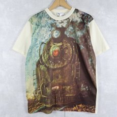 画像1: 70's 機関車柄 ピクチャープリント ポリエステルTシャツ XL (1)