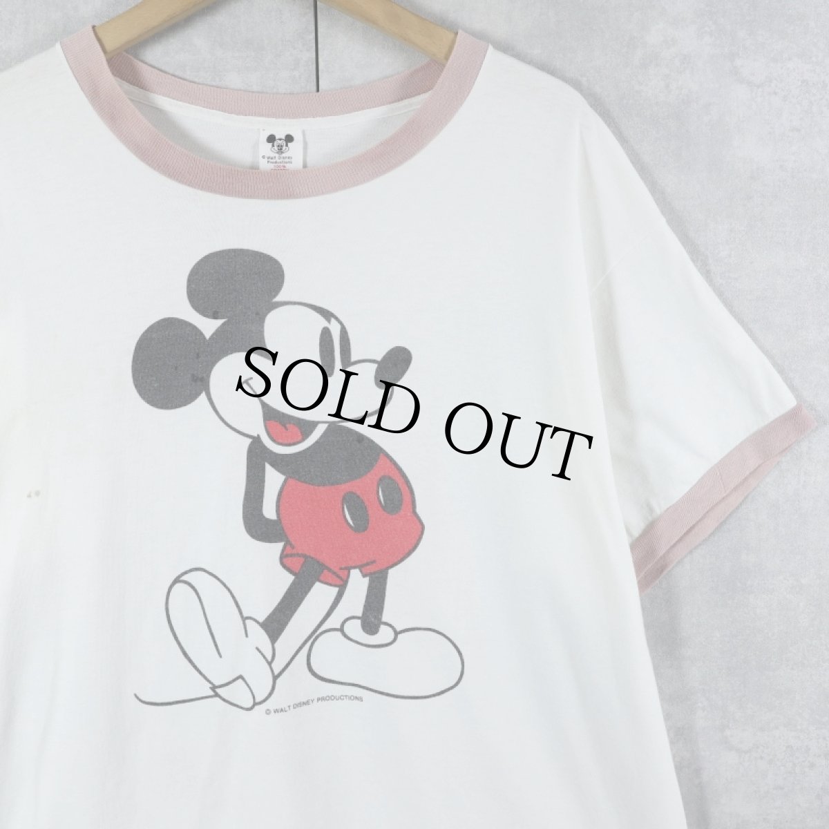 画像1: 70〜80's Walt Disney MICKEY MOUSE USA製 白靴ミッキー キャラクタープリント リンガーTシャツ XL (1)