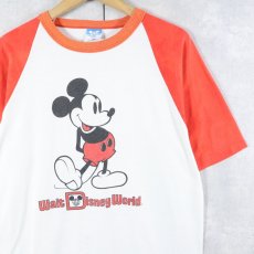 画像1: 80's Disney MICKEY MOUSE USA製 "Walt Disney World" 白靴ミッキー キャラクタープリントラグランTシャツ L (1)