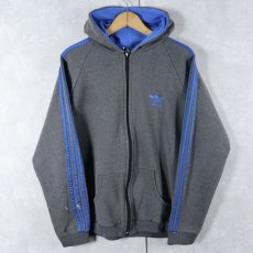 画像1: 80〜90's adidas UK製 ロゴ刺繍×サイドライン スウェットジップパーカー XL (1)