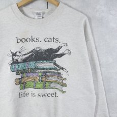 画像1: Edward Gorey "books.cats." 本×ねこ プリントスウェット M (1)