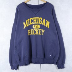画像1: 90's RUSSELL ATHLETIC USA製 PRO COTTON "MICHIGAN" 前V プリントスウェット NAVY XXL (1)