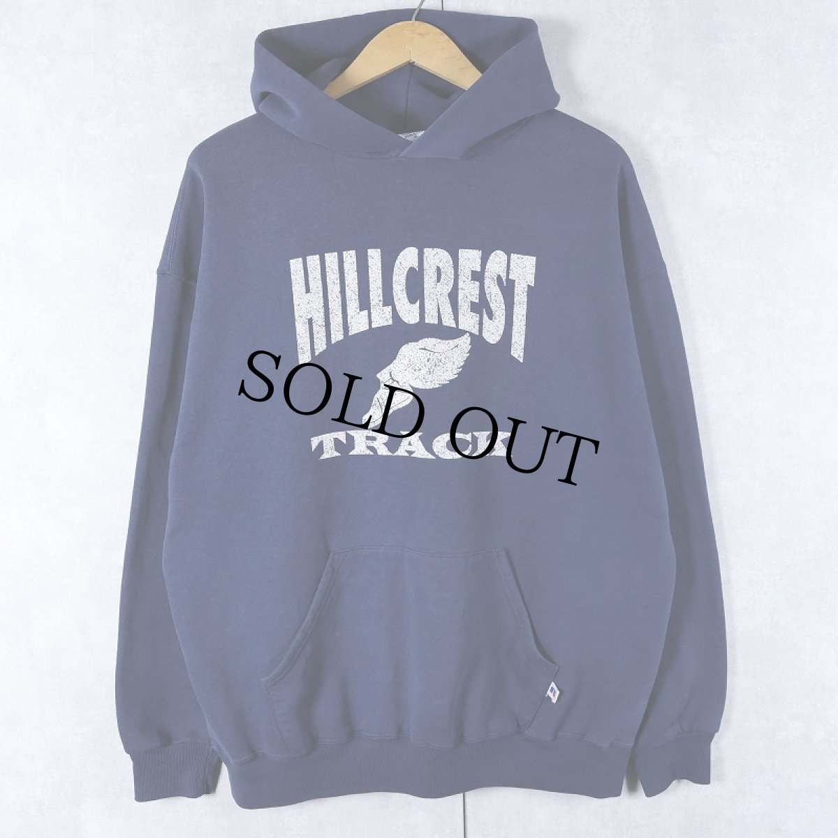 画像1: 90's〜 RUSSELL ATHLETIC "HILCREST TRACK" ウイングフット プリントスウェットフーディ NAVY XL (1)