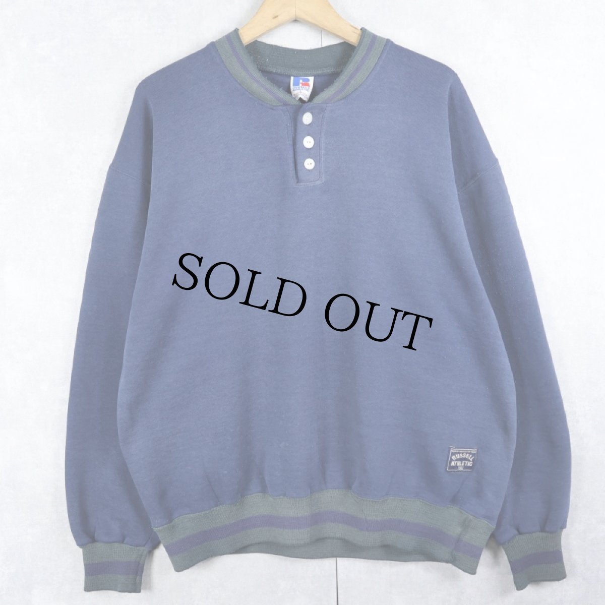 画像1: 90's RUSSELL ATHLETIC USA製 ボーダーリブ ヘンリーネックスウェット NAVY L (1)