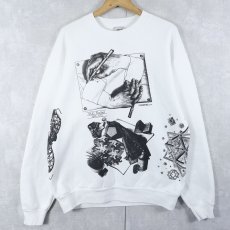 画像1: 90's M.C. Escher USA製 騙し絵アート マルチプリントスウェット XL (1)