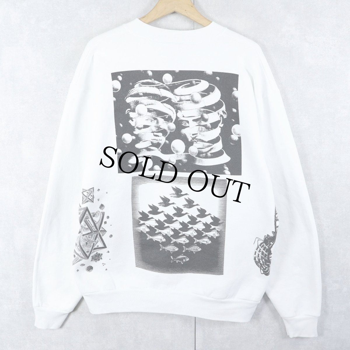 画像2: 90's M.C. Escher USA製 騙し絵アート マルチプリントスウェット XL (2)