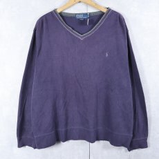 画像1: POLO Ralph Lauren ロゴ刺繍 Vネック コットンニットセーター NAVY L (1)