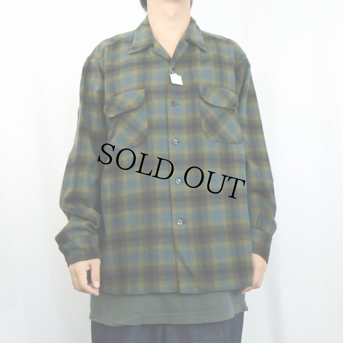 画像2: 50's PENDLETON オンブレーチェック柄 ウールオープンカラーシャツ L (2)