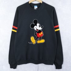 画像1: 80〜90's Disney MICKEY MOUSE USA製 フロッキー キャラクタープリントラグランスウェット BLACK XL (1)