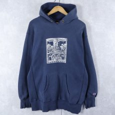 画像1: 90's Champion REVERSE WEAVE USA製 イラストプリントフーディー NAVY XL (1)