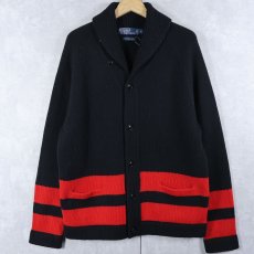 画像1: POLO Ralph Lauren ボーダー柄 ショールカラー ウールニットカーディガン BLACK L (1)