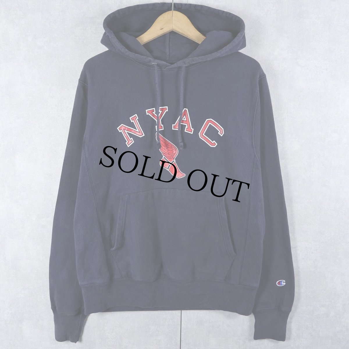 画像1: Champion REVERSE WEAVE "NYAC" ウイングフット プリントスウェットフーディー NAVY S (1)