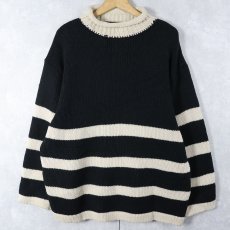 画像1: ボーダー柄 アクリル×ウール ハイネックニットセーター BLACK XL (1)