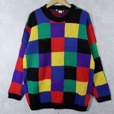 画像1: 90's YARN WORKS USA製 ブロックチェック柄 アクリルニットセーター L (1)