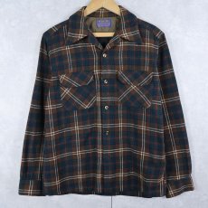 画像1: 70's PENDLETON USA製 チェック柄 エルボーパッチ付き ウールオープンカラーシャツ M (1)