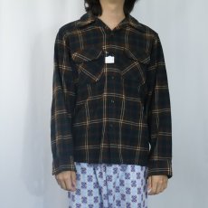 画像2: 70's PENDLETON USA製 チェック柄 エルボーパッチ付き ウールオープンカラーシャツ M (2)
