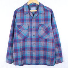 画像1: 70's PENDLETON USA製 チェック柄 ウールオープンカラーシャツ L (1)