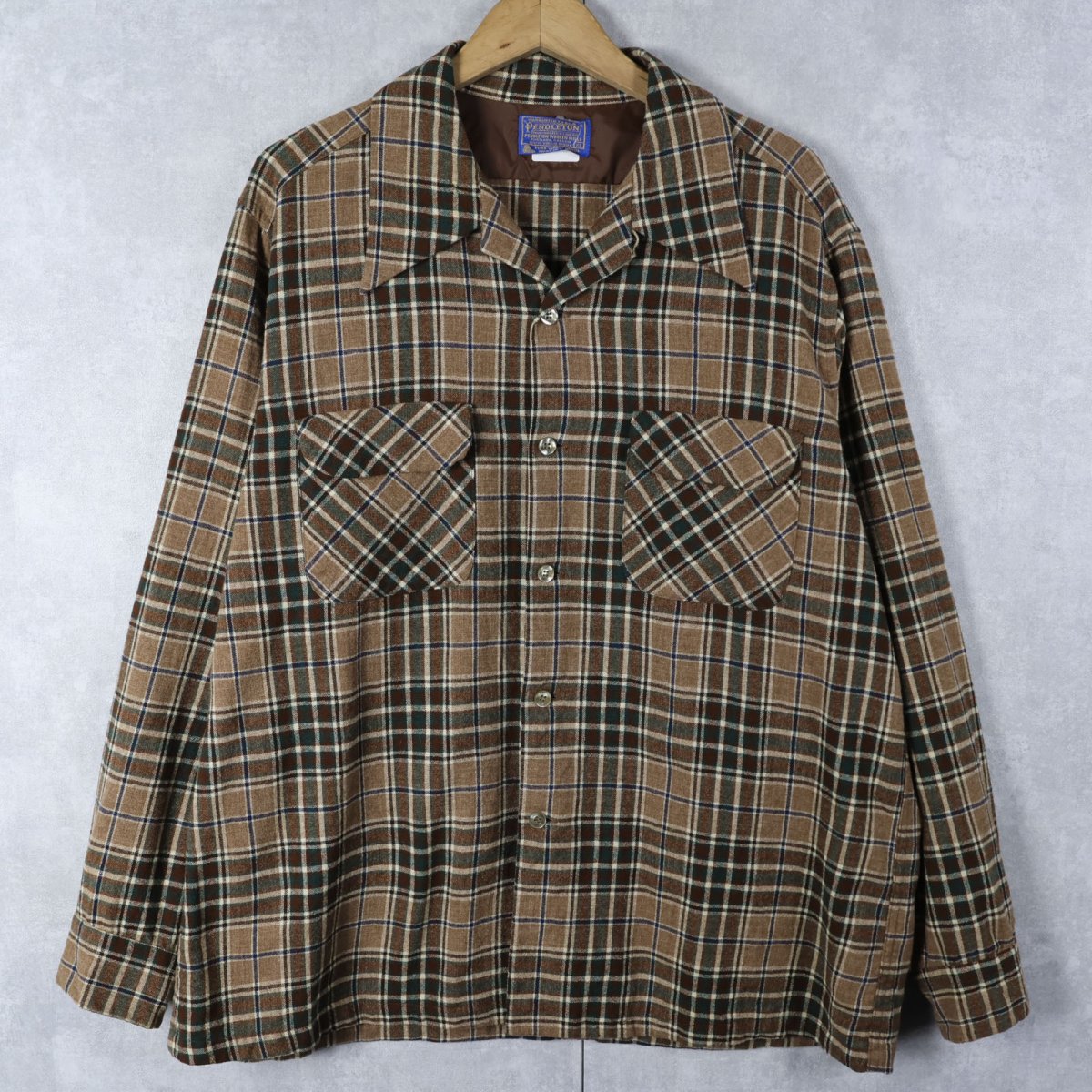 画像1: 70's PENDLETON USA製 チェック柄 ウールオープンカラーシャツ XL (1)