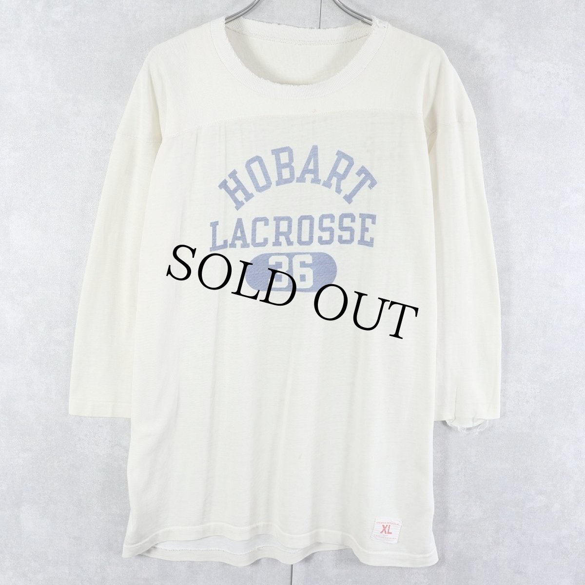 画像1: 60's Champion "HOBART LACROSSE" 染み込みプリント レーヨンフットボールTシャツ XL (1)