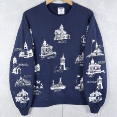 画像1: 90's MICHIGAN RAG CO. ライトハウス柄 プリントスウェット NAVY L (1)