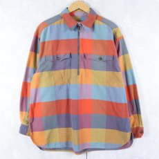 画像1: 90's Eddie Bauer ブロックチェック柄 ハーフジップ コットンシャツ L (1)