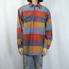 画像2: 90's Eddie Bauer ブロックチェック柄 ハーフジップ コットンシャツ L (2)