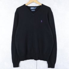 画像1: POLO Ralph Lauren ロゴ刺繍 Vネック ラムウールニットセーター BLACK M (1)