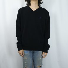 画像2: POLO Ralph Lauren ロゴ刺繍 Vネック ラムウールニットセーター BLACK M (2)