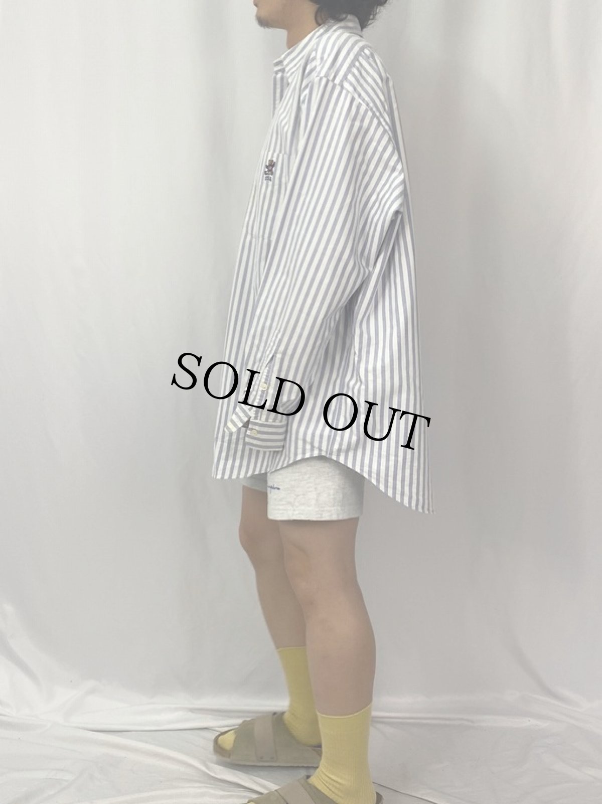 画像3: Ralph Lauren "BIG SHIRT" ポロベア刺繍 ストライプ柄 コットンボタンダウンシャツ L (3)