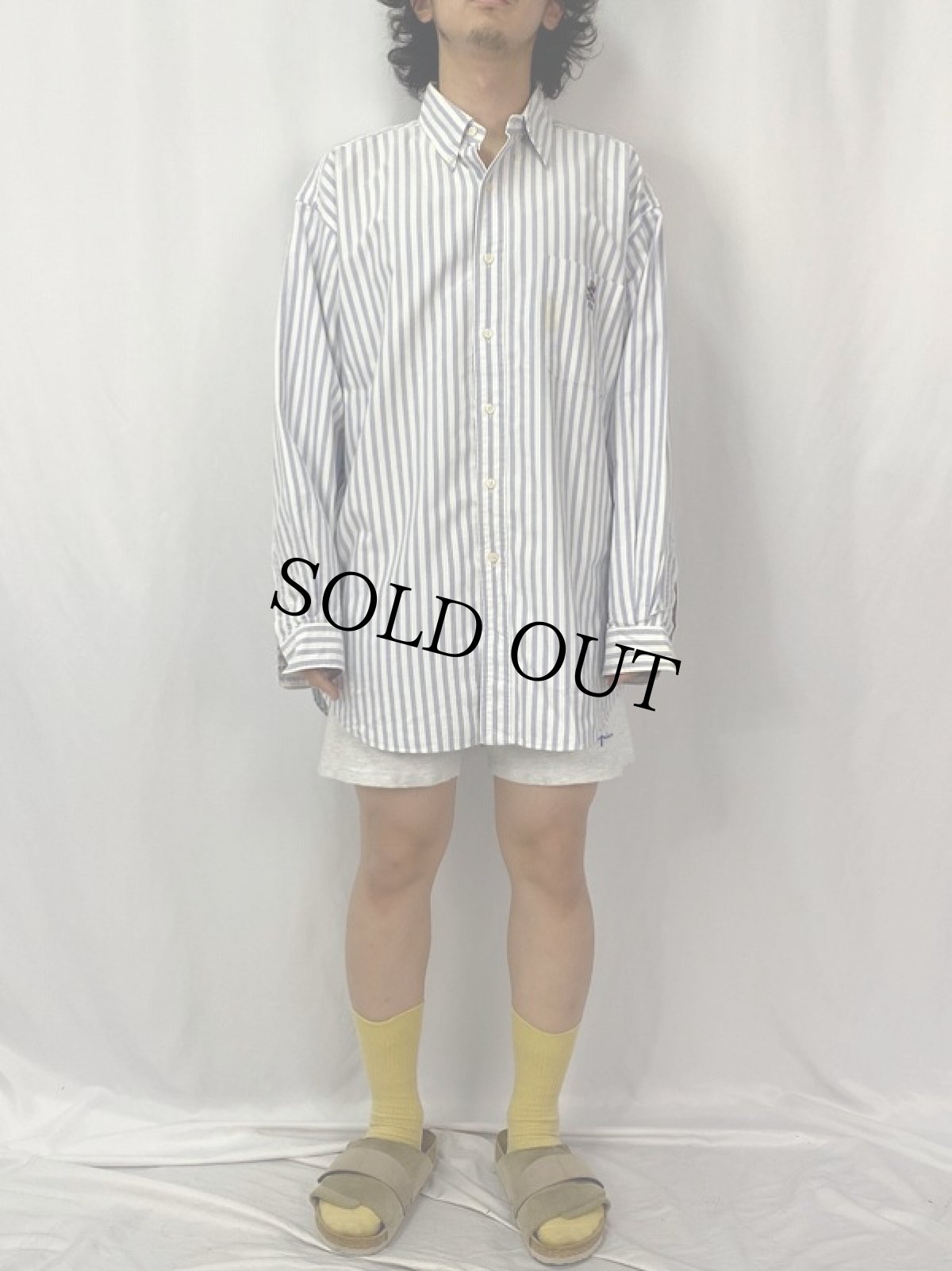 画像2: Ralph Lauren "BIG SHIRT" ポロベア刺繍 ストライプ柄 コットンボタンダウンシャツ L (2)