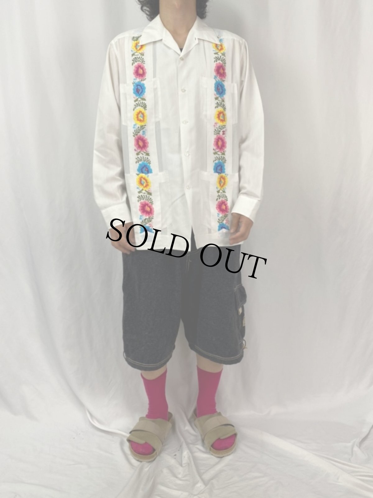 画像2: 花柄刺繍デザイン キューバシャツ (2)