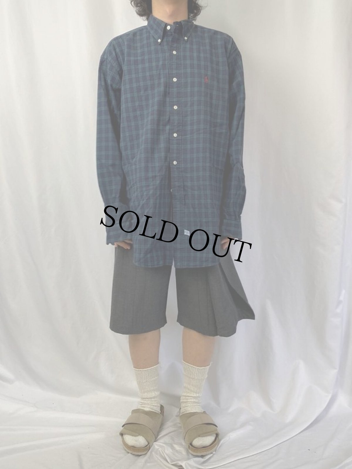 画像2: Ralph Lauren チェック柄 シアサッカーボタンダウンシャツ GREEN L (2)