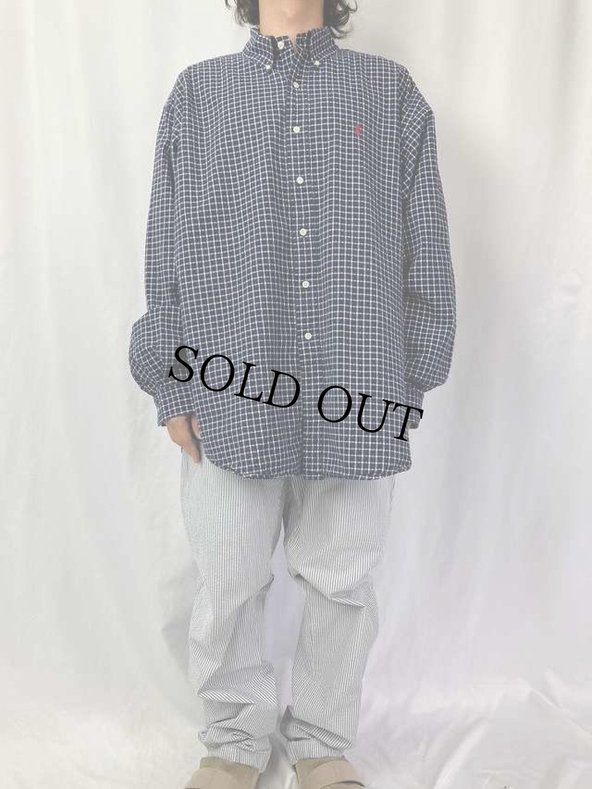 画像2: Ralph Lauren "BRAIRE" チェック柄 シアサッカーボタンダウンシャツ NAVY XL (2)