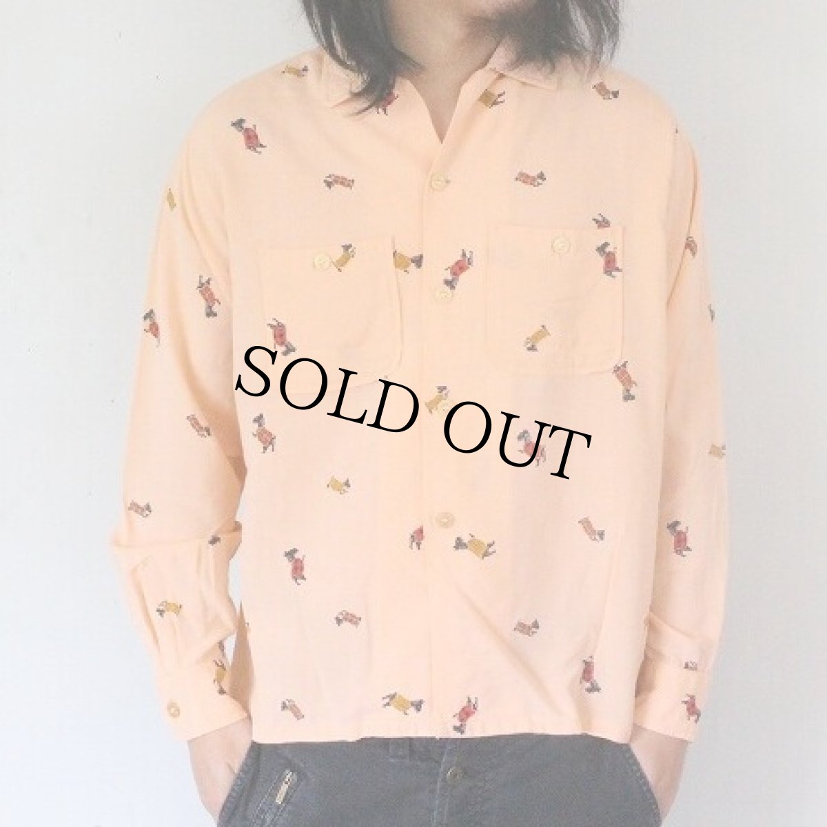 画像2: 50's Nofade Dog Pattern 黒ピン Rayon Shirts M (2)