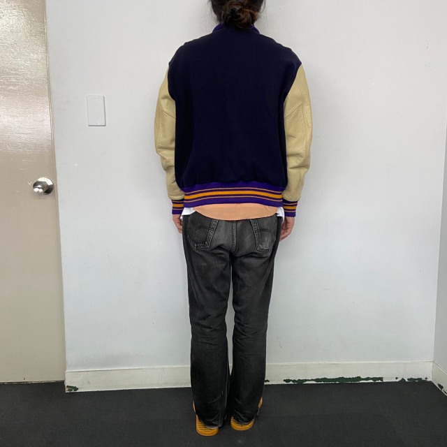 袖レザー バイカラー ネイビー 紺 ホワイト 白｜ヴィテージ古着