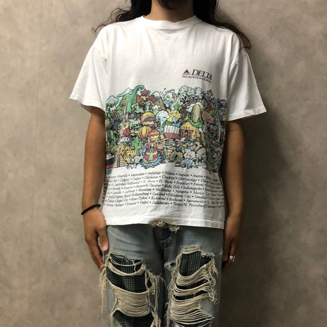 90's DELTA USA製 航空企業イラストTシャツ L