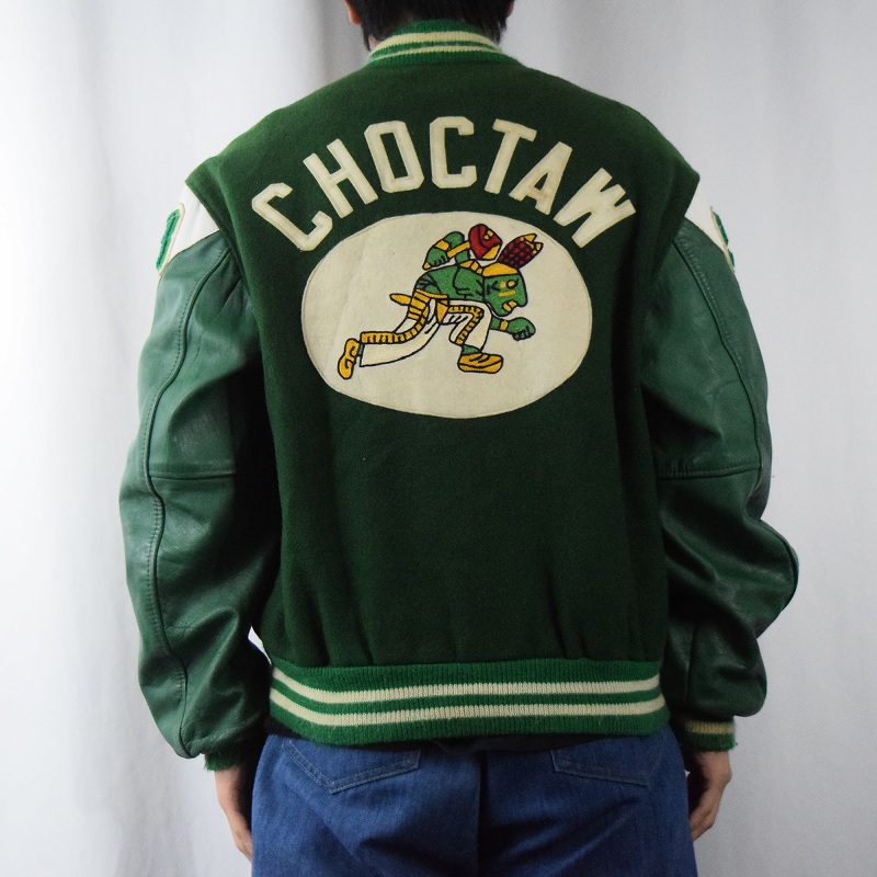 80's TROPHY JACKETS USA製 パッチ付き メルトンウール×レザー スタジャン