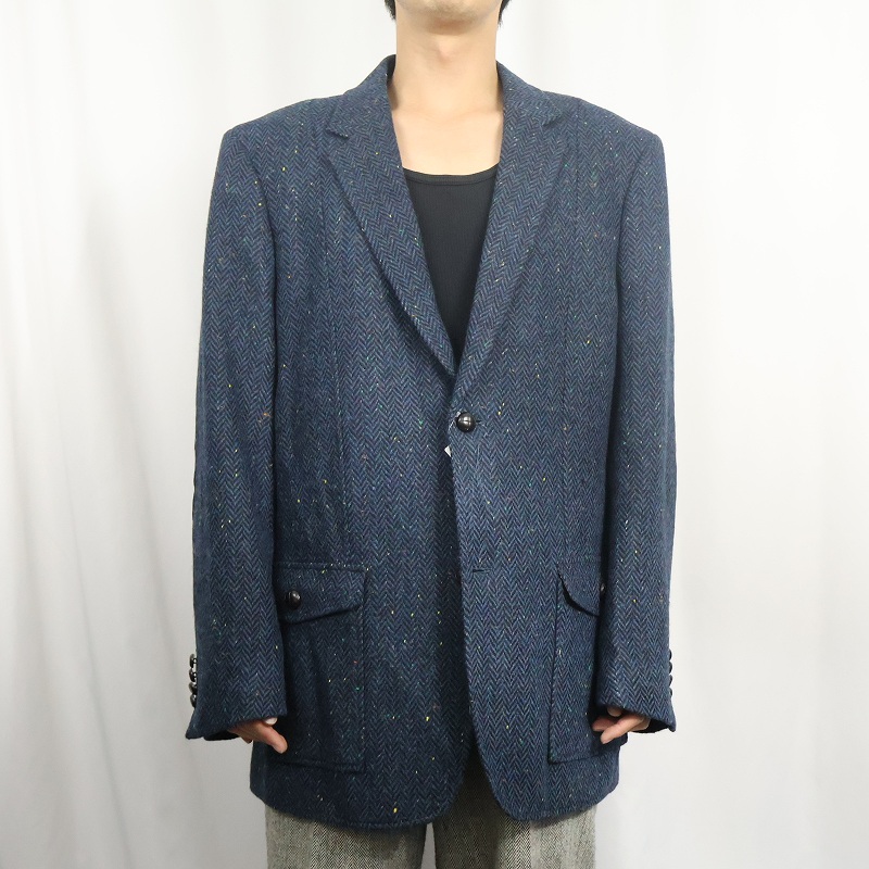 画像2: CELTIC TWEED エルボーパッチ付き カラーネップ混 ウールツイードジャケット NAVY SIZE44 (2)
