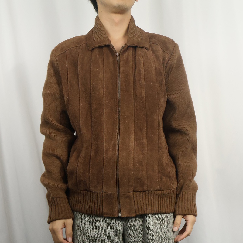 画像2: 80's Repage ニット切り替え スエードレザージャケット L (2)