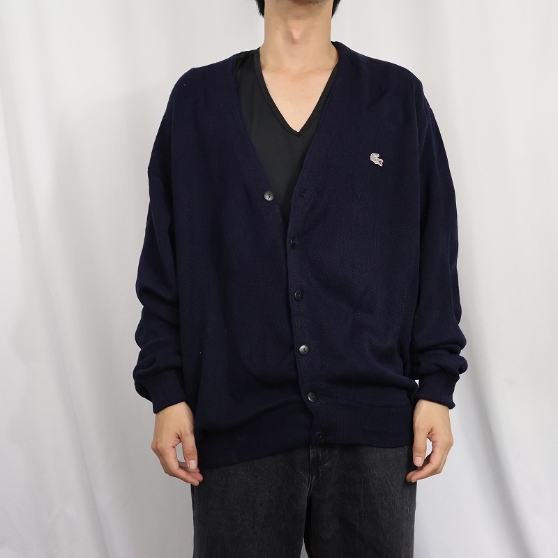 画像2: 70〜80's CHEMISE LACOSTE SPAIN製 ロゴ刺繍 ウールニットカーディガン NAVY (2)