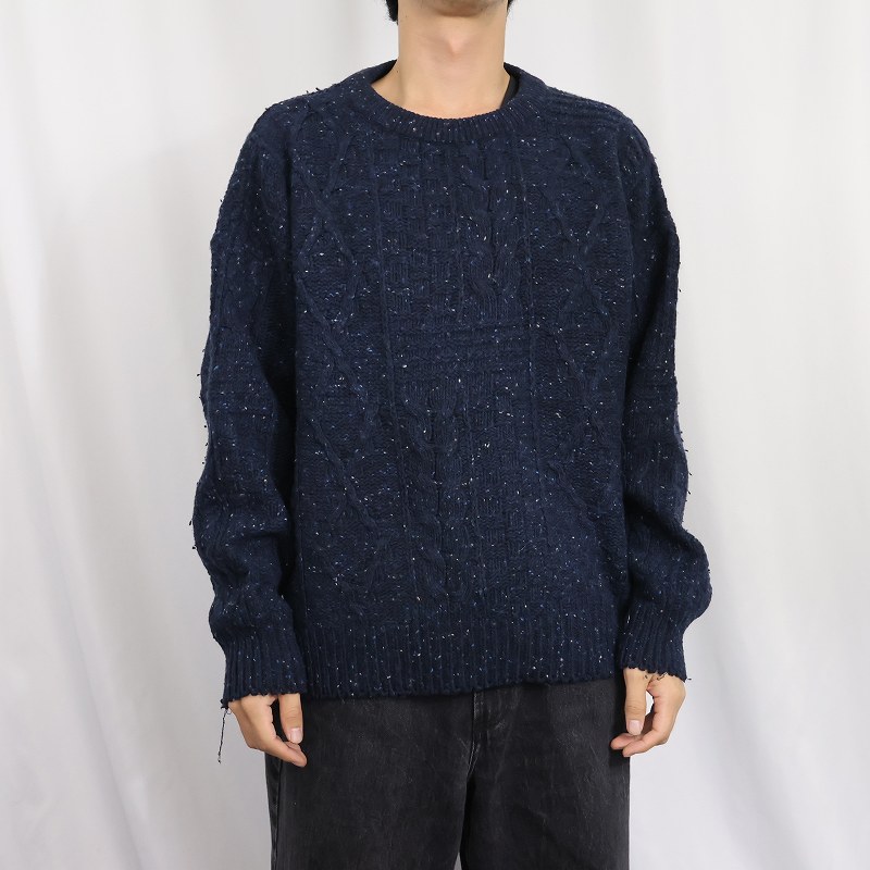 画像2: 90's〜 FOR SAIL カラーネップ混 ケーブルニットセーター NAVY (2)