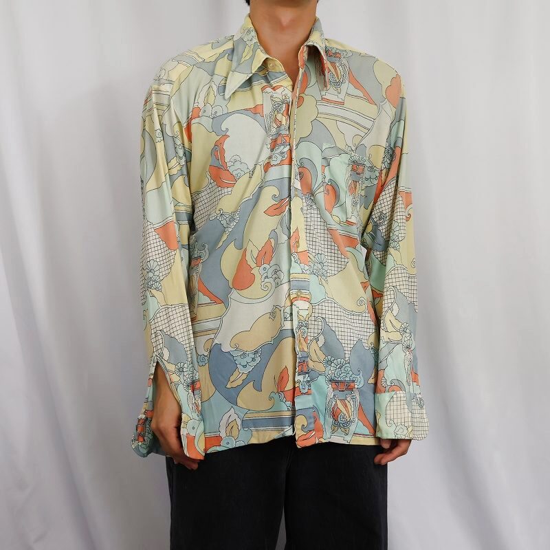 画像2: 70's Sutton Place 総柄 ナイロンシャツ XL (2)
