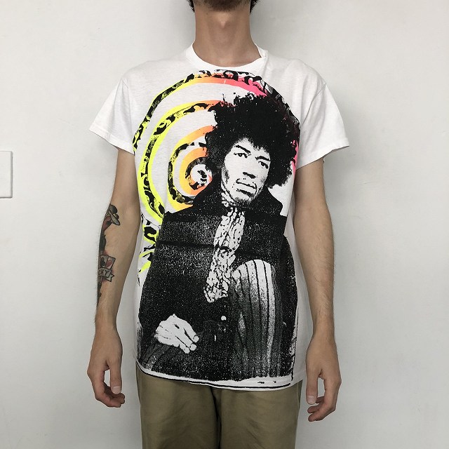 90年代 ヘインズ Hanes JIMI HENDRIX ジミヘンドリックス バンドTシャツ バンT USA製 メンズXL ヴィンテージ /evb000898ブラウン系茶色柄