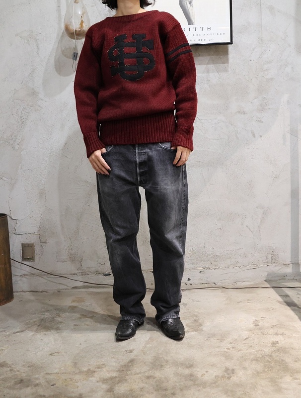 古布の紅葉のヒイラギナンテンのアップリケ　大きなサイズ 50s 50年代 60s 60年代 赤 レッド カレッジ ウール | ビンテージ