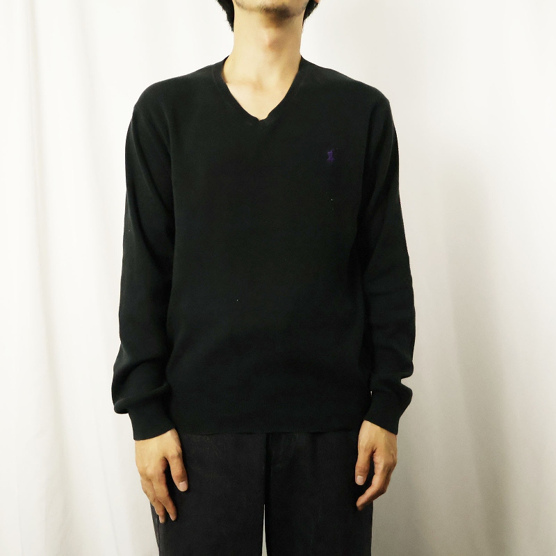 画像2: POLO Ralph Lauren ロゴ刺繍 "PIMA COTTON" Vネック コットンニットセーター BLACK M (2)