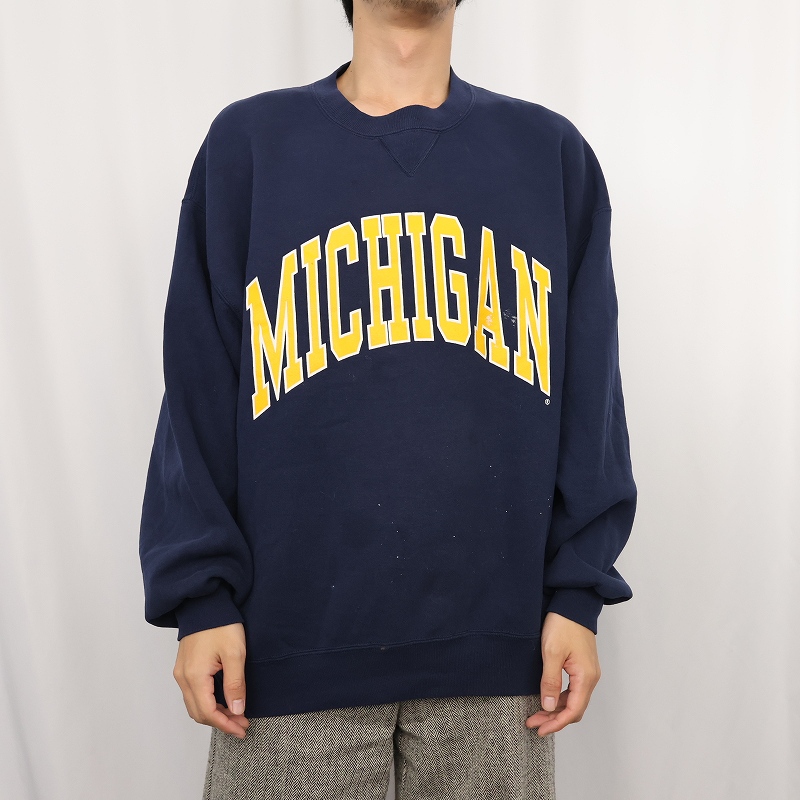 画像2: 90's RUSSELL ATHLETIC USA製 "MICHIGAN" 前V プリントスウェット NAVY XL (2)