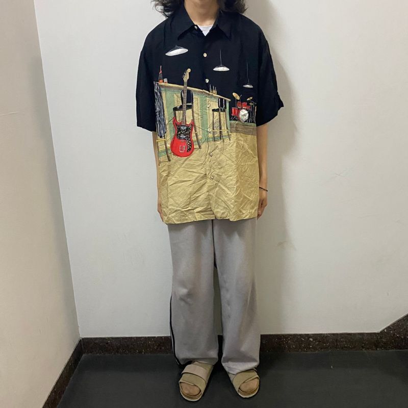 マーケット エレキギター柄 ストライプ ロカビリーシャツ アロハシャツ 