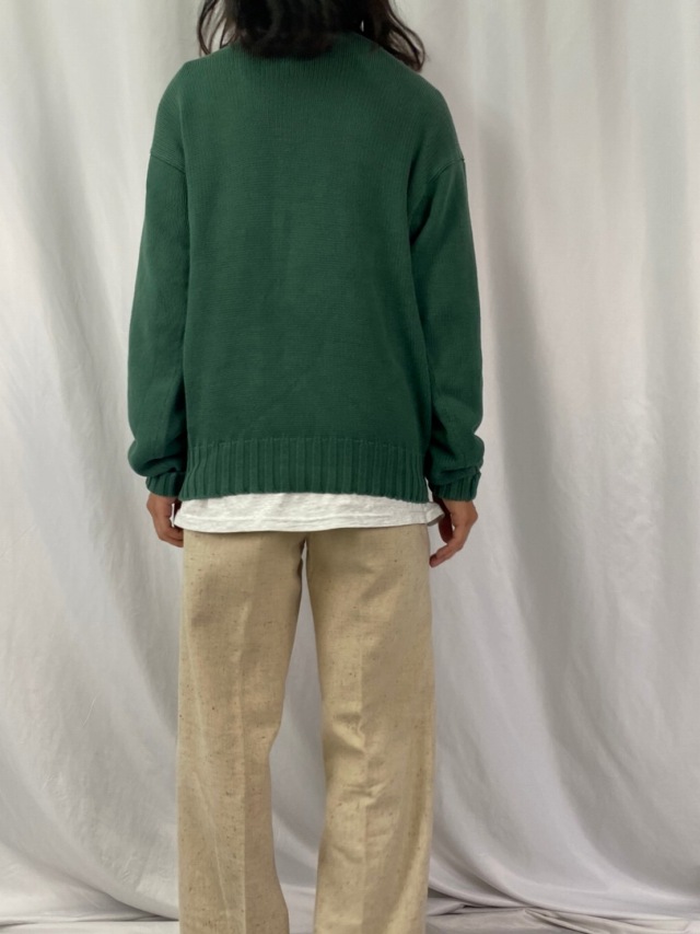 90's POLO Ralph Lauren ロゴ刺繍 コットンニットセーター L 日本正規販売品 90s 古着 刺繍ロゴ セーター ニット L グリーン 緑 ラルフローレン ポロ ニット/セーター